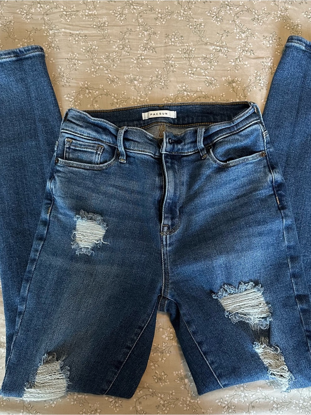 PacSun Women's Dark Blue Distressed Skinny Jeans